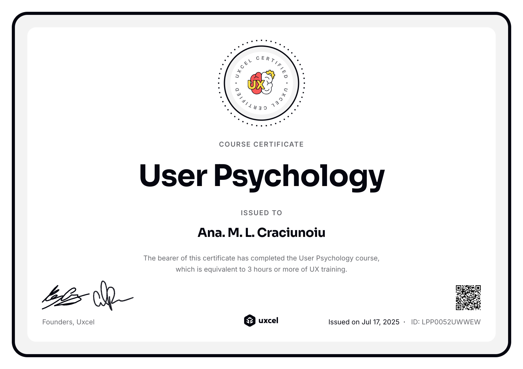 Ana. M. L. Craciunoiu's certificate